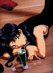  1girl cross drink earrings greek_cross jewelry katsuragi_misato long_hair neon_genesis_evangelion purple_hair solo 