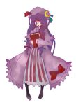  1girl book boots bow brown_boots crescent dress female frills grimoire hat holding holding_book knee_boots long_hair looking_at_viewer lowres mob_cap patchouli_knowledge purple_hair solo standing striped striped_dress suzumiya_nora touhou vertical_stripes very_long_hair violet_eyes 