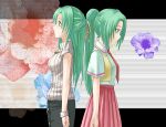  2girls back-to-back green_eyes green_hair half_updo higurashi_no_naku_koro_ni long_hair multiple_girls ponytail siblings sisters sonozaki_mion sonozaki_shion twins 