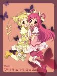  2girls akane_souichi copyright_name cure_dream cure_lemonade hair_rings hand_holding kasugano_urara_(yes!_precure_5) multiple_girls pink_background pink_skirt precure shorts_under_skirt skirt suimya thigh-highs yellow_eyes yellow_legwear yellow_skirt yes!_precure_5 yumehara_nozomi 