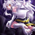  1girl animal_ears caution_tape claws collar flowwolf keep_out lowres solo white_hair wings yellow_eyes 