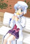  1girl bench blue_eyes blue_hair braid eating food hamburger haruka_ni_aogi_uruwashi_no koyuki_(2smj) koyuki_(artist) long_hair looking_at_viewer single_braid skirt solo takatsuki_tonoko thigh-highs white_legwear zettai_ryouiki 