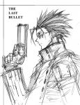  1boy coat english glasses gun handgun high_collar kimuchi long_coat male_focus monochrome profile revolver short_hair sketch solo spiky_hair sunglasses tetsu_(kimuchi) text trigun vash_the_stampede weapon 