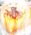  bow female fire fujiwara_no_mokou hair_bow highres overalls red_eyes silver_hair suisen touhou 