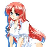  1girl blue_eyes blush bow braid breasts female hong_meiling leaning_forward long_hair lowres naked_shirt nightgown open_mouth redhead shirt simple_background solo tajima_yuuki the_embodiment_of_scarlet_devil touhou twin_braids white_shirt 