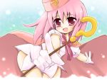  1girl ? akino_ochiba benesse cape fang gloves hat hatena_yousei pink_hair pink_hat solo staff 