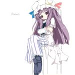  1girl blush crossed_arms dress female full_body hat loafers long_hair long_sleeves looking_at_viewer mob_cap patchouli_knowledge purple_hair shino_(eefy) shoes solo tareme touhou very_long_hair violet_eyes white_dress 