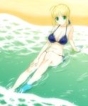  1girl beach bikini blonde_hair breasts fate/stay_night fate_(series) green_eyes large_breasts potato_house saber solo swimsuit 