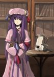  1girl bad_id book bookshelf cup female hat holding kasa looking_at_viewer patchouli_knowledge purple_hair sleeves_past_wrists smile solo touhou violet_eyes 
