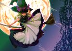  1girl apron black_dress blonde_hair broom broom_riding brown_eyes closed_mouth dress female full_body full_moon hat kirisame_marisa looking_at_viewer luft moon night outdoors puffy_short_sleeves puffy_sleeves short_sleeves smirk solo touhou waist_apron witch_hat 