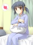  1girl bed bed_sheet black_hair brown_eyes clannad curtains dango_daikazoku elder_dango heart indoors kusakami_akira on_bed pako_(pousse-cafe) pillow room short_hair solo sunohara_mei thought_bubble twintails 