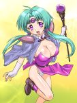  1girl 90s :d ahoge ankle_boots belt blue_hair boots breasts buckle cleavage dress fingerless_gloves gem gloves gradient gradient_background green_hair haou_taikei_ryuu_knight headpiece large_breasts loincloth long_hair looking_at_viewer open_mouth paffy_pafuricia pink_dress pink_eyes smile solo standing standing_on_one_leg ueyama_michirou very_long_hair violet_eyes 