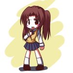  00s 1girl blue_skirt blush brown_hair chibi fictional_sister full_body kneehighs loafers long_hair long_sleeves looking_at_viewer red_eyes school_uniform shoes simple_background skirt solo standing sweater_vest tsukihime twintails vest white_legwear yellow_background yumizuka_satsuki 