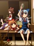  3girls arm_up barefoot blue_dress blue_eyes blue_hair bow brown_hair cirno cup dress feet female frog hakurei_reimu holding horns ibuki_suika ice ice_wings indoors long_hair lying mishima_hiroji multiple_girls on_stomach outdoors puffy_short_sleeves puffy_sleeves short_hair short_sleeves sitting sliding_doors smile socks tatami tea teacup touhou veranda very_long_hair wings 