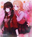  2girls akamatsu_kaede artist_name backpack bag bananniehh bangs black_hair black_skirt blonde_hair blunt_bangs blush brown_hair cowboy_shot dangan_ronpa_(series) dangan_ronpa_v3:_killing_harmony eyebrows_visible_through_hair flower hair_ornament hair_scrunchie hairclip harukawa_maki highres long_hair long_sleeves looking_at_viewer low_twintails mole mole_under_eye monofunny multiple_girls musical_note_hair_ornament pink_background pink_bag pink_eyes pink_shirt pleated_skirt print_skirt purple_skirt red_eyes red_scrunchie sailor_collar school_uniform scrunchie serafuku shiny shiny_hair shirt skirt smile symbol_commentary twintails very_long_hair vest 