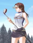  1girl bare_shoulders brown_hair clap_hanz earrings gloves golf golf_club jewelry long_hair minna_no_golf original pencil_skirt single_glove skirt sleeveless sleeveless_turtleneck solo tan_taka tree turtleneck visor visor_cap watch watch yukino_(minna_no_golf) 