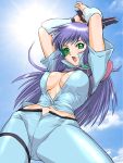  1girl :o akai_koudan_zillion apple_(zillion) armor arms_up bangs belly_peek beltbra blue_hair breasts breasts_apart clouds cowboy_shot erect_nipples from_below green_eyes gun handgun high_collar large_breasts long_hair looking_at_viewer midriff navel no_bra open_clothes open_fly open_mouth open_shirt outdoors pants pauldrons purple_hair scouter shiny shiny_clothes shirt short_sleeves shouting sky solo sun tank_top ueyama_michirou unzipped vambraces very_long_hair visor weapon wide_hips 
