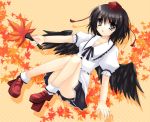  1girl bad_id black_hair black_wings female geta grey_eyes hat leaf looking_at_viewer red_shoes shameimaru_aya shoes solo takase_kanan tengu-geta touhou wings 