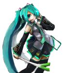  1girl :3 aqua_hair black_legwear boots detached_sleeves green_nails hatsune_miku long_hair luft nail_polish necktie open_mouth simple_background skirt solo spring_onion thigh-highs twintails very_long_hair vocaloid 