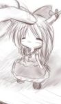  1girl :3 chibi female horn_ribbon horns ibuki_suika jpeg_artifacts lowres minigirl monochrome petting purple ribbon solo_focus touhou 