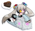  1girl boots cake cube detached_sleeves food glados glados-tan hairpods heart heterochromia ichi_kazu kazu01_(artist) long_hair pastry personification portal skirt solo spoilers thigh-highs thigh_boots twintails valve weighted_companion_cube white_hair zettai_ryouiki 