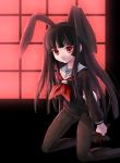  1girl animal_ears bangs black_hair black_serafuku blunt_bangs enma_ai hime_cut jigoku_shoujo katahira_masashi long_hair pantyhose rabbit_ears red_eyes school_uniform serafuku solo 