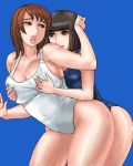  2girls black_eyes blue_background breast_grab breasts brown_eyes brown_hair curvy grabbing large_breasts lips lowres matoyama multiple_girls oekaki one-piece_swimsuit swimsuit thick_thighs thighs yuri 