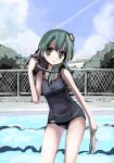  1girl adjusting_hair alternate_costume bangs blush chain-link_fence clouds condensation_trail female fence frog_hair_ornament gatau green_hair hair_ornament head_tilt hips kochiya_sanae long_hair looking_away one-piece_swimsuit outdoors pool school_swimsuit sky snake_hair_ornament solo standing straight_hair swim_cap swimsuit touhou tree yellow_eyes 