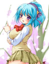  1girl aqua_hair breasts demon_girl huge_breasts kougasha kurono_kurumu panties rosario+vampire school_uniform serafuku solo succubus sweater sweater_vest underwear vest violet_eyes 