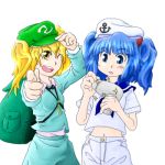  2girls backpack bag blonde_hair blue_eyes blue_hair cosplay costume_switch female hair_bobbles hair_ornament hat kawashiro_nitori kawashiro_nitori_(cosplay) key kitashirakawa_chiyuri kitashirakawa_chiyuri_(cosplay) long_sleeves lowres midriff multiple_girls navel one_eye_closed phantasmagoria_of_dim._dream short_hair short_sleeves shorts skirt touhou touhou_(pc-98) yellow_eyes 