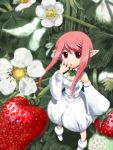  1girl fairy flower food fruit lowres minigirl oekaki pink_hair pointy_ears solo strawberry 