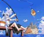 1girl barefoot blue_eyes bow female fishing fishing_rod hair_bow holding long_hair long_sleeves lowres mof mof&#039;s_silver_haired_twintailed_girl ocean oekaki original silver_hair solo twintails very_long_hair water 