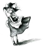  1girl bad_id bow female hair_bow hat kasa kirisame_marisa looking_back monochrome smile solo touhou traditional_media wind witch witch_hat 