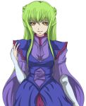  1girl bridal_gauntlets c.c. code_geass cosplay dress green_hair gundam gundam_00 long_hair madhatter_hello marina_ismail simple_background smile solo yellow_eyes 