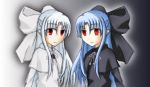  00s 2girls bad_anatomy blue_hair half_updo len melty_blood multiple_girls pointy_ears poorly_drawn red_eyes tsukihime type-moon white_hair white_len 