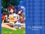  3girls :o ahoge black_hair blue_hair blue_sky blush brown_eyes brown_hair clannad copyright_name furukawa_nagisa hair_ornament hat ibuki_fuuko ichinose_kotomi long_hair looking_at_viewer multiple_girls open_mouth outdoors party_hat plant short_hair sitting sky toes tree twintails violet_eyes wallpaper white_dress yokozuwari 