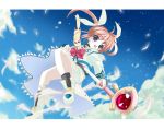  00s 1girl :d animal ankle_wings bangs black_legwear blue_eyes blue_sky blush boots bow bowtie clouds ferret from_below hair_ribbon holding_staff juliet_sleeves kneehighs letterboxed long_hair long_sleeves lyrical_nanoha magical_girl mahou_shoujo_lyrical_nanoha open_mouth orange_hair petals pink_bow puffy_sleeves raising_heart red_bow red_bowtie redhead ribbon shino_(eefy) shoes sky smile staff star_(sky) takamachi_nanoha twintails upskirt violet_eyes white_boots white_ribbon winged_shoes wings yuuno_scrya 