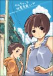  1boy 1girl city clouds condensation_trail hood hoodie looking_at_viewer outdoors paperclip_(artist) popsicle power_lines road street tank_top telephone_pole zanshomimai 