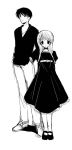 1boy 1girl collarbone dress full_body hands_in_pockets height_difference looking_at_viewer mary_janes monochrome original shirt shoes simple_background standing t-shirt white_background 