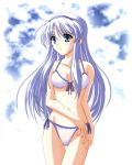  1girl bikini blue_eyes breasts cleavage feena_fam_earthlight front-tie_top hairband lavender_hair long_hair midriff purple_hair side-tie_bikini solo standing swimsuit thigh_gap thighs yoake_mae_yori_ruri_iro_na 