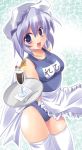  1girl apron breasts female hat letty_whiterock maki_(seventh_heaven_maxion) name_tag one-piece_swimsuit purple_hair school_swimsuit solo swimsuit touhou tray violet_eyes waist_apron waitress 