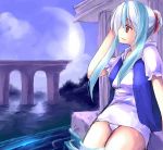  1girl arch arm_up asahina blue_hair blue_vest dress female frills from_side hand_in_hair kamishirasawa_keine long_hair open_clothes open_vest pond profile puffy_short_sleeves puffy_sleeves red_eyes short_sleeves sidelocks sitting solo touhou vest water white_dress 