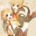  blonde_hair blue_eyes detached_sleeves hair_ornament hairclip kagamine_len kagamine_rin pechika ribbon short_hair shorts siblings twins vocaloid 