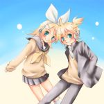  bad_id blonde_hair bow brother_and_sister hair_ornament hairclip hand_in_pocket hashi_moto headset kagamine_len kagamine_rin school_uniform serafuku short_hair siblings skirt smile sweater_vest twins vest vocaloid 
