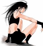  androgynous black_hair bored envy envy_(fma) fingerless_gloves fullmetal_alchemist gloves headband homunculus long_hair lowres male midriff profile red_eyes sitting skin_tight skort socks solo 