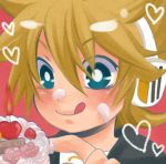  bad_id blonde_hair blue_eyes cake food fruit headset heart kagamine_len lowres male pastry solo strawberry vocaloid yomorin 