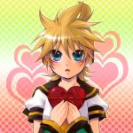  blonde_hair blue_eyes detached_sleeves gift headset heart holding holding_gift kagamine_len male necktie ribbon solo vocaloid yomorin 