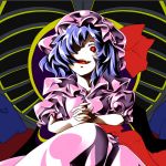 1girl bad_id blue_hair creepy dress fang hair_over_one_eye hair_ribbon looking_at_viewer mob_cap open_mouth pink_dress red_eyes remilia_scarlet short_hair solo touhou vampire wings