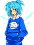  ? bad_id blue_eyes blue_hair blush casual cirno contemporary hands_in_pockets hoodie imo_kenpi ponytail short_hair simple_background standing touhou ⑨ 