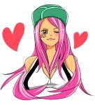 blush chiroru_shimai hat heart jewelry_bonnie lipstick one_piece pink_hair smile wink 